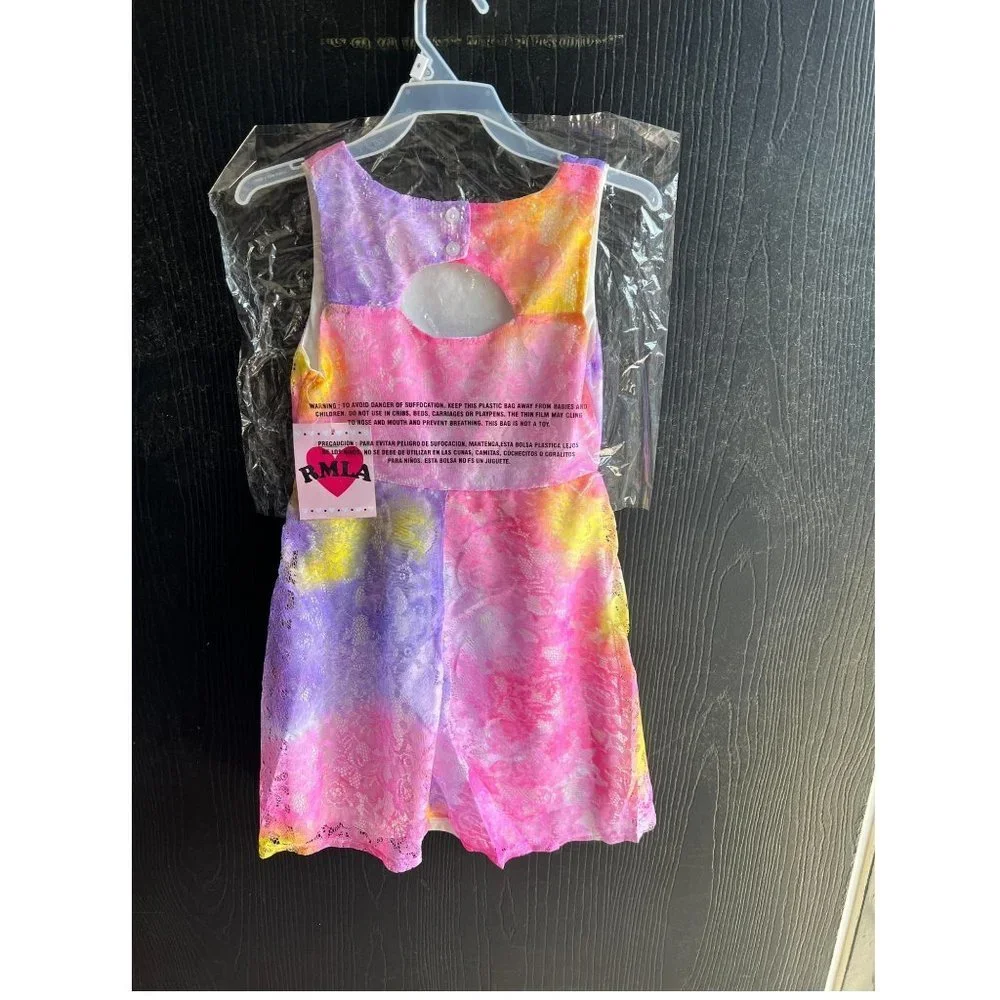 Girls Tie Dye Easter Dress Lace Pink Yellow Purple Lace Over The Skirt 8-12 - Picture 5 of 9